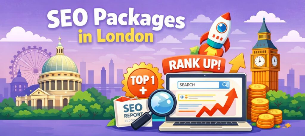 SEO packages in London illustration with St Paul’s Cathedral, Big Ben, and ranking growth visuals.