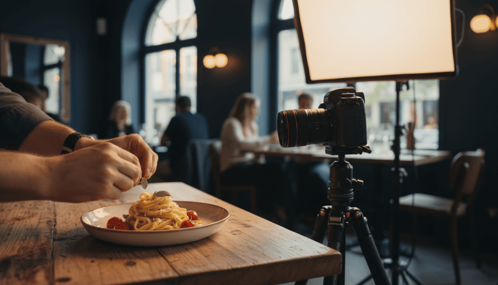 Food photographer in London shooting a plated pasta dish in a restaurant