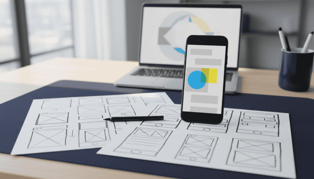 App development cost: app wireframe sketches and a smartphone prototype on a desk
