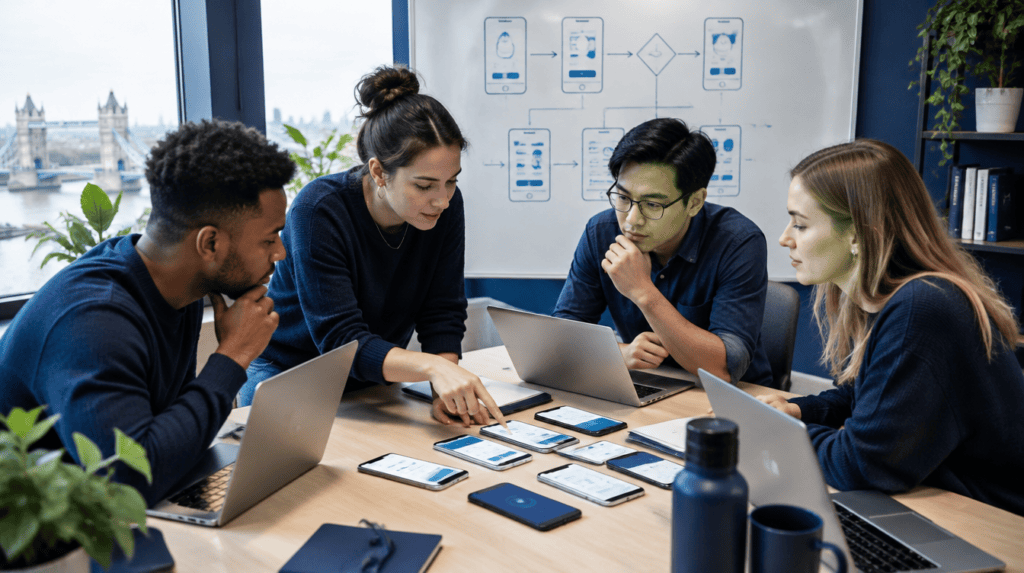 An app development team in London reviewing app screens on several smartphones