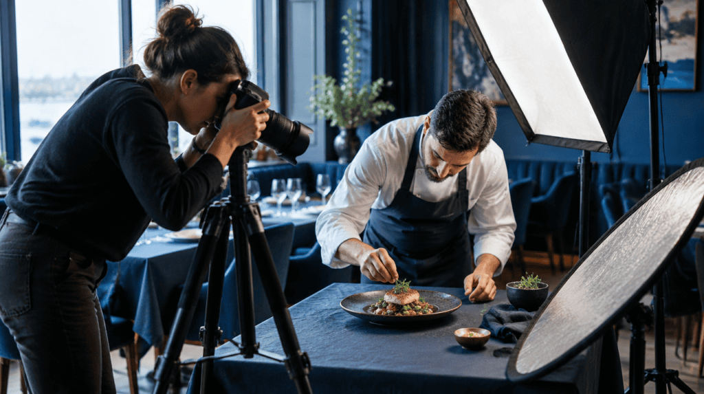 A food photographer in London shooting a plated dish with a softbox while a chef adjusts the garnish