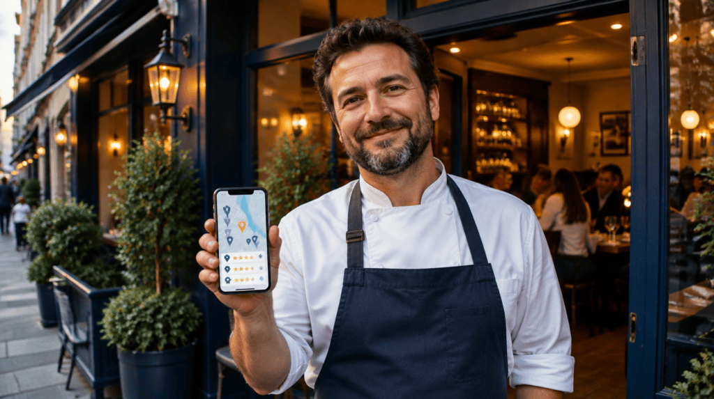 A London restaurant owner checking the restaurant's Google Maps listing and reviews on a phone